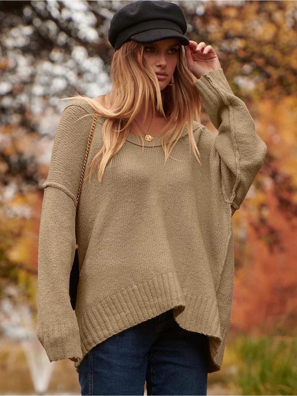 ANRABESS Oversized Scoop V Neck Batwing Long Sleeve Knit Pullover Sweaters - Picture 4 of 10